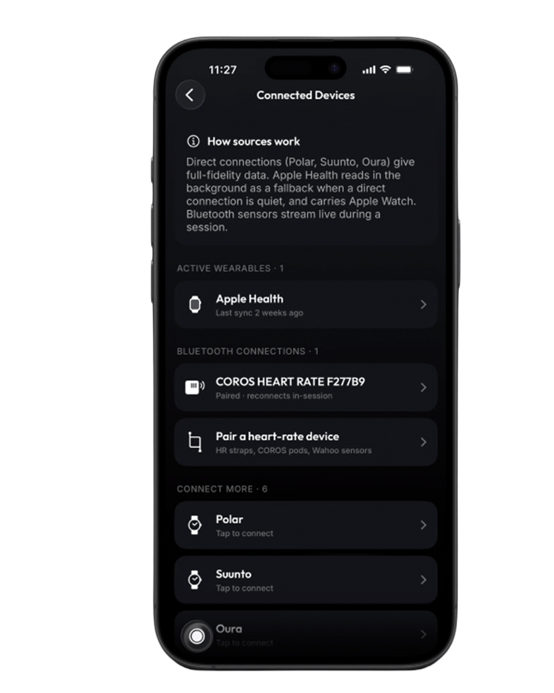 Pairing a Bluetooth heart-rate monitor from the Connected Devices list in Sequorr