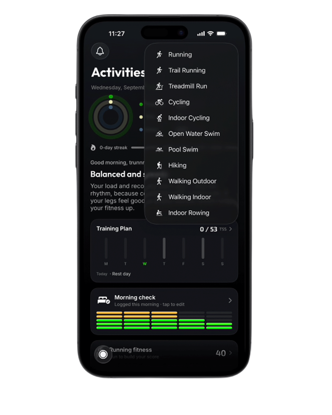 Selecting an activity type from the + menu on the Sequorr Activity screen