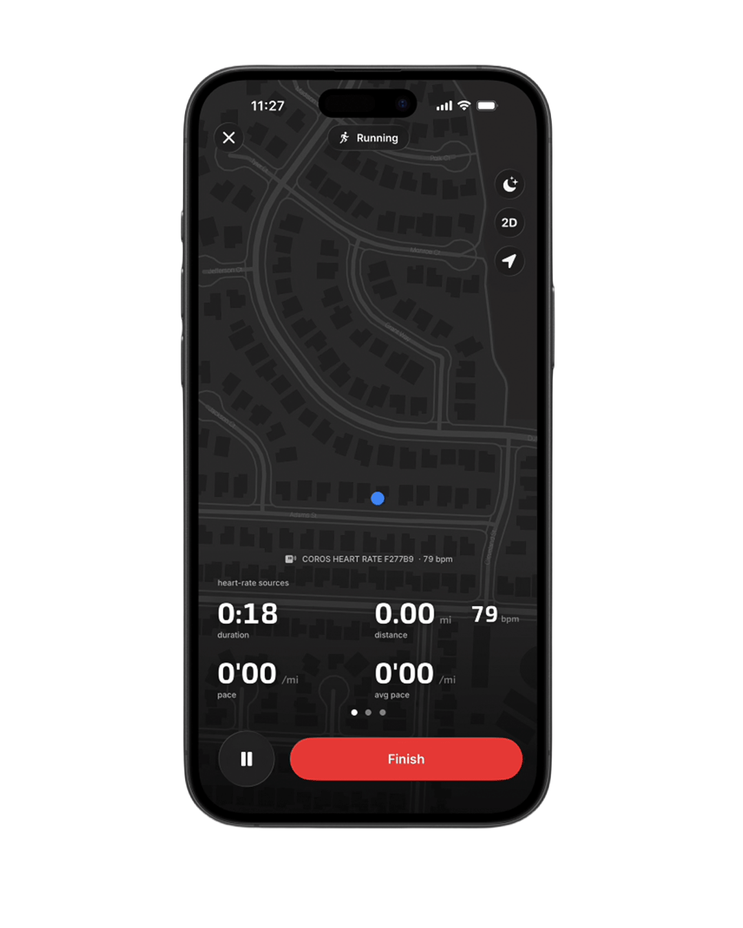 Live map, tab 1 — duration, distance, pace, and average pace