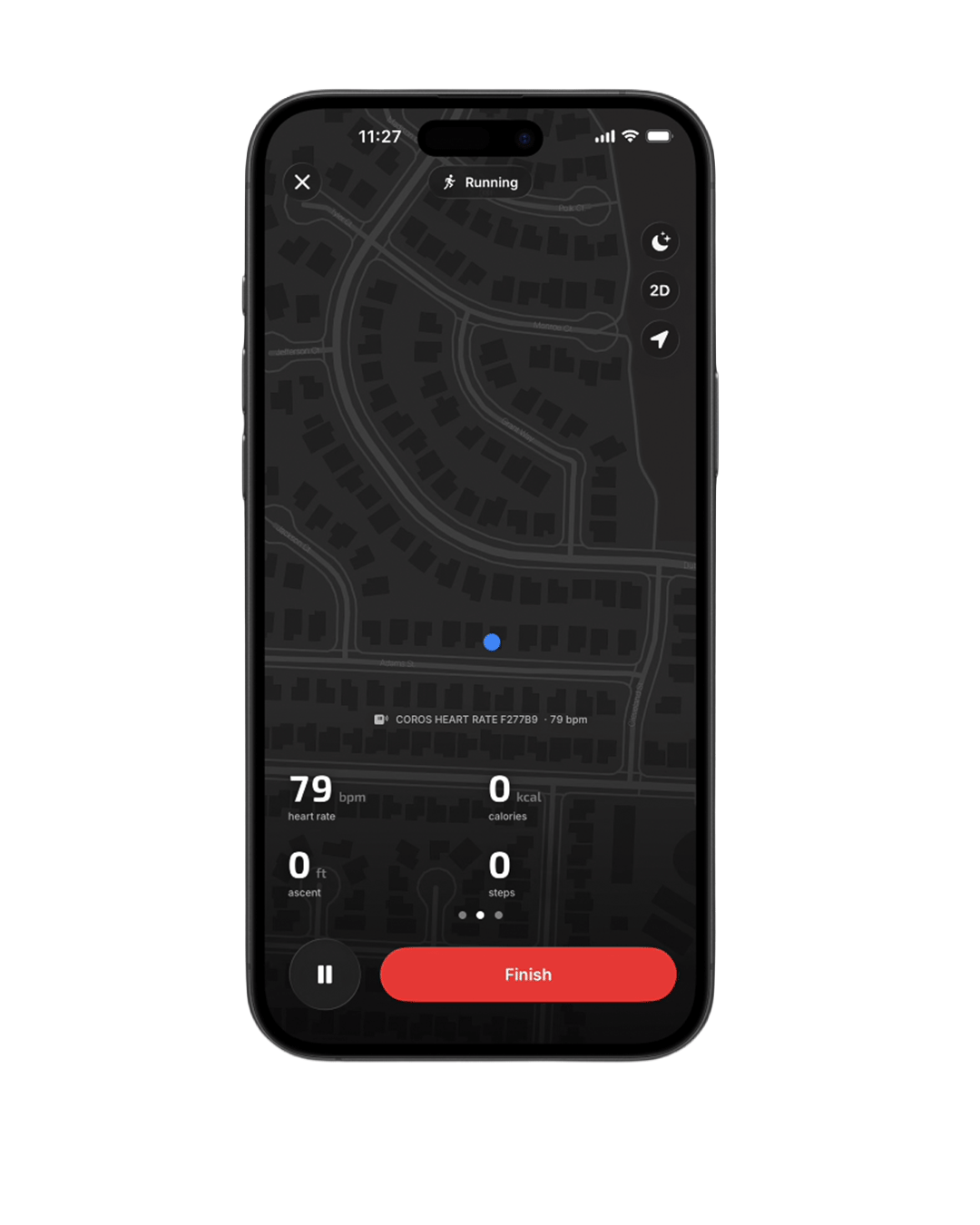 Live map, tab 2 — heart rate, calories, ascent, and steps