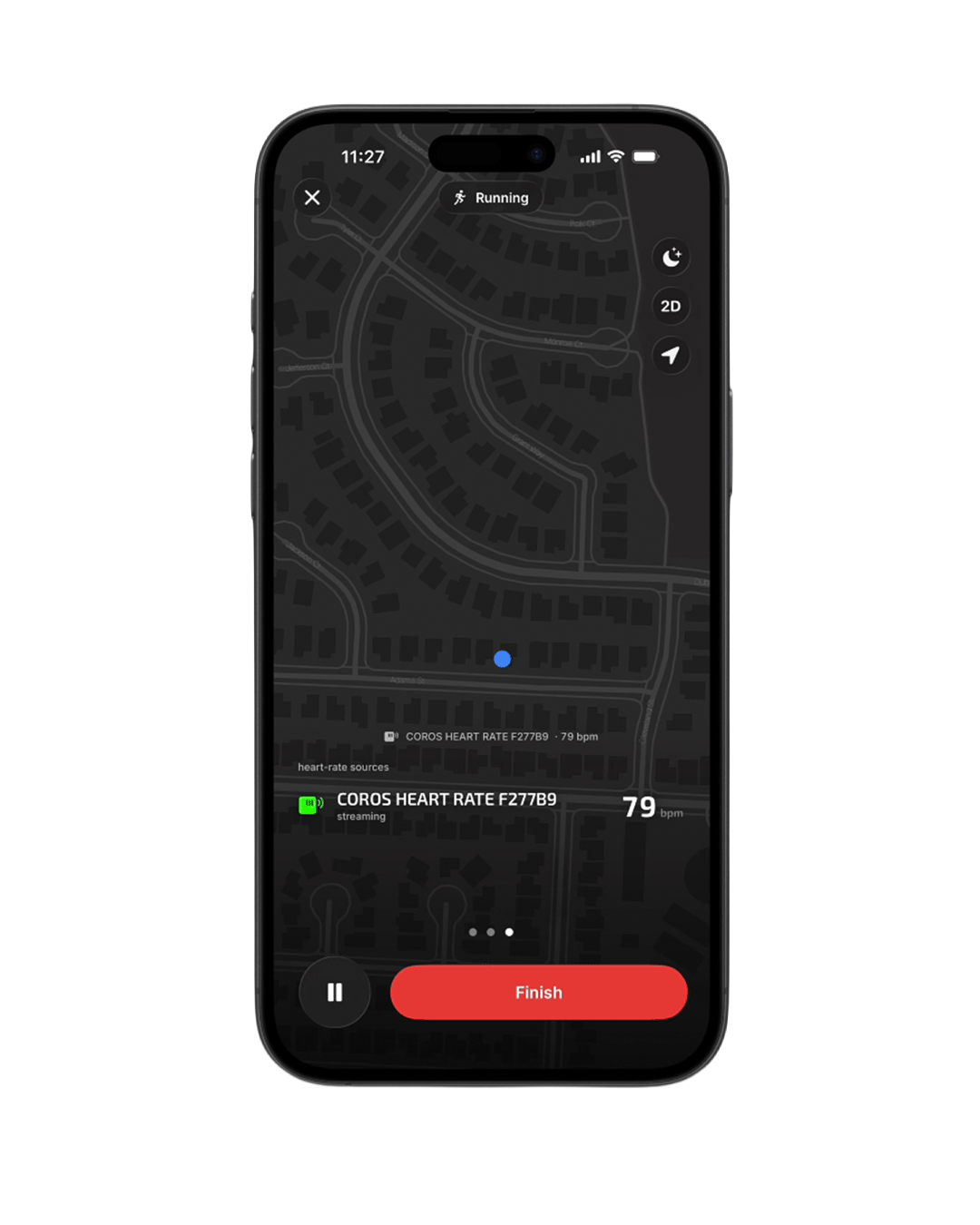Live map, tab 3 — connected heart-rate monitor streaming